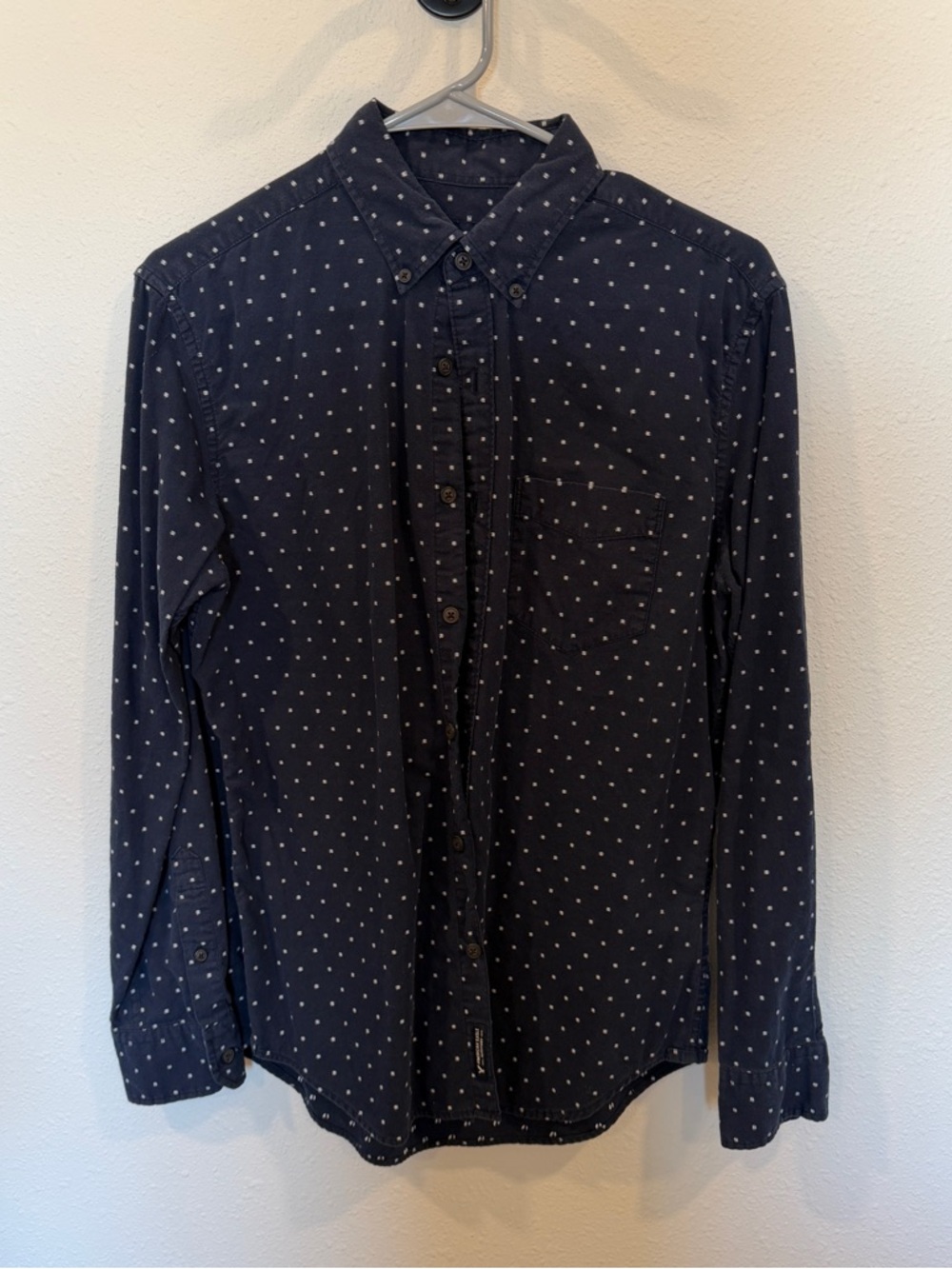 American Eagle Outfitters Navy Button-Down with White Dot Print